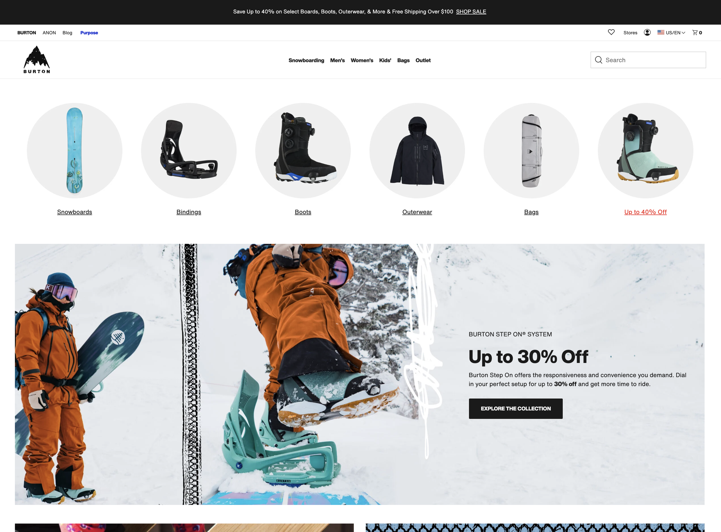 Screenshot of online store homepage featuring snowboarding gear and apparel. Top navigation menu includes categories like snowboarding, bindings, boots, outerwear, bags, outlet.