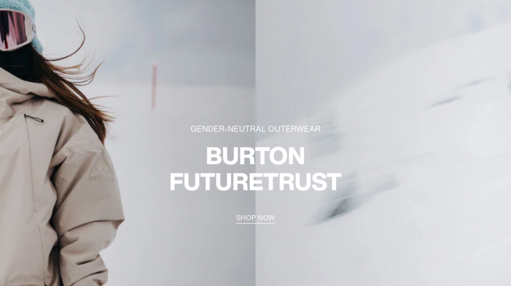 Advertisement for Burton FutureTryst gender-neutral outerwear, featuring a person wearing a beige jacket outdoors in a snowy environment with text overlay.
