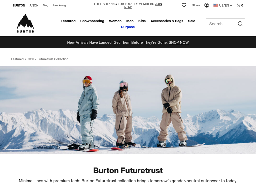 Screenshot from burton.com of three snowboarders dressed in neutral-colored winter gear standing on snow with mountain peaks in the background.