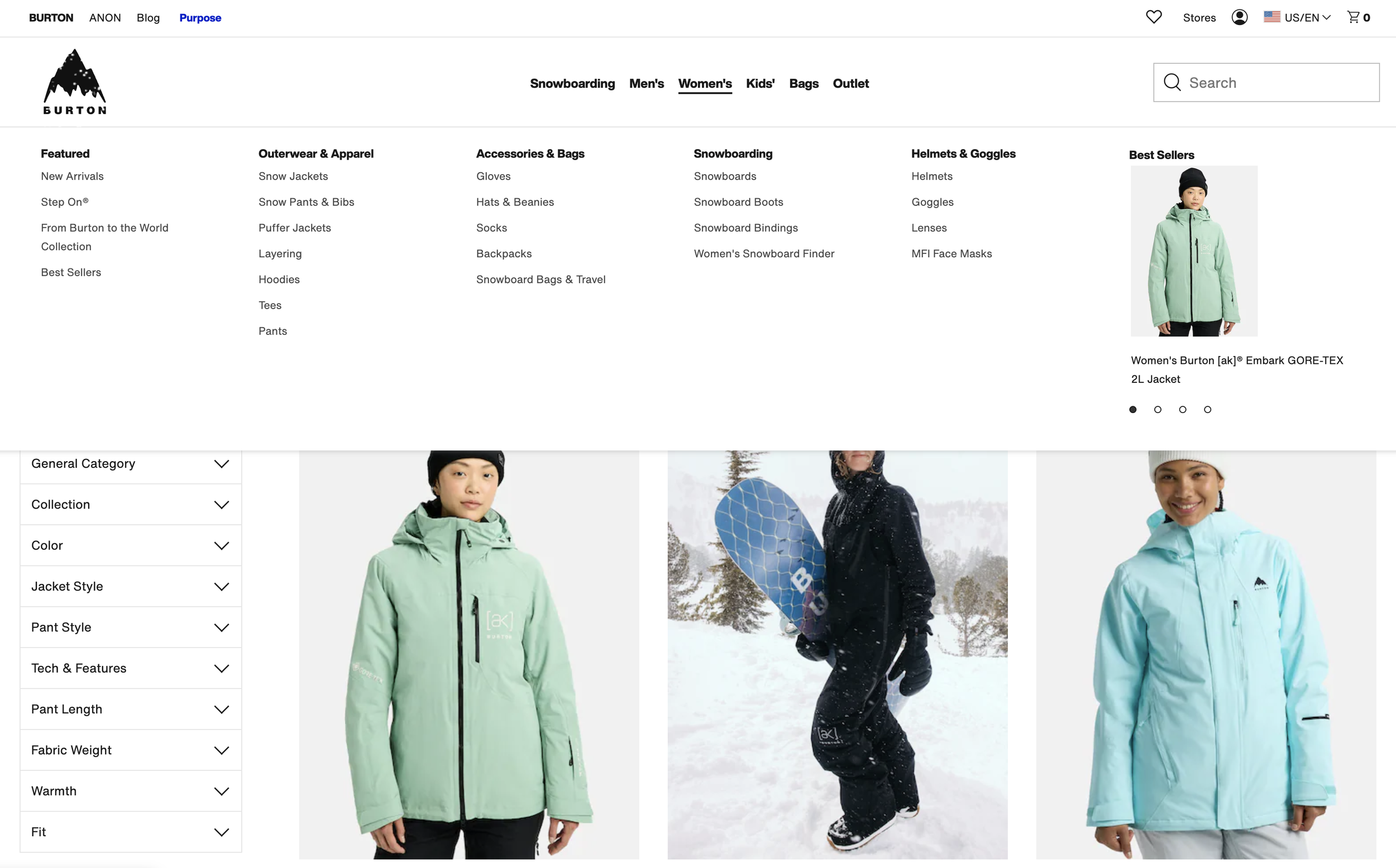 Screenshot of the Burton website showing women's winter jackets, with a highlighted navigation drop-down.