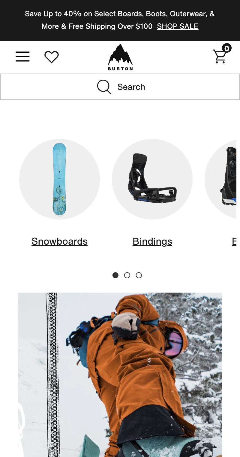 Screenshot of a retailer's mobile webpage showcasing snowboarding gear, including a snowboard and snowboard bindings, with a photo of a snowboarder in snow wearing an orange jacket and goggles.