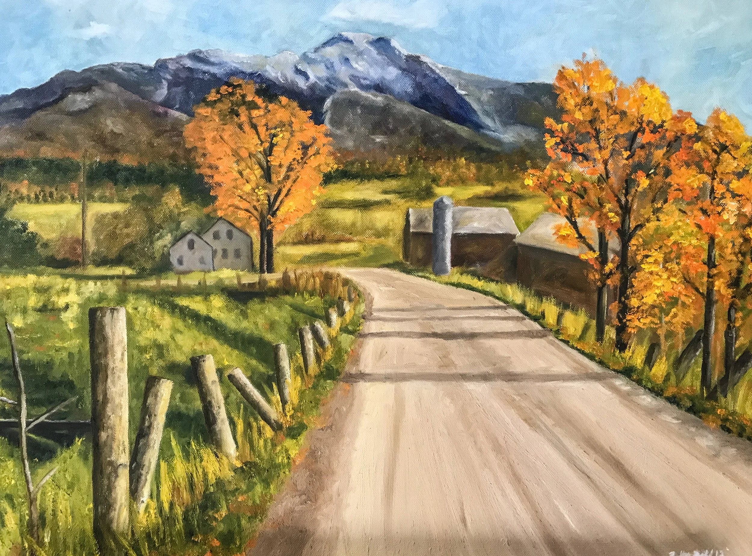 A rural landscape painting featuring a dirt road leading to a small farm with barns and silos, surrounded by trees with autumn foliage, green fields, and mountains in the background.