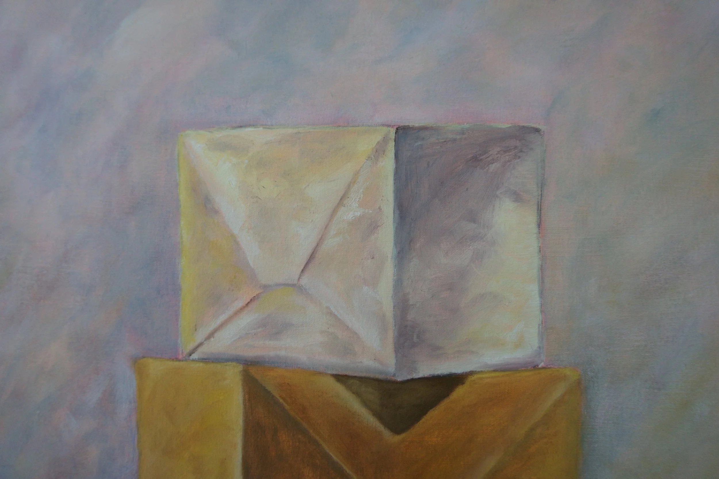 A painting of two geometric shapes, a gold rectangular prism and a silver cube, against a pastel-colored background.