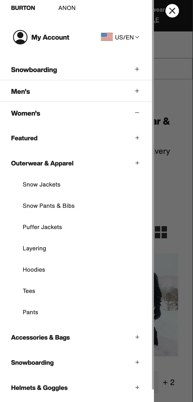 A navigation menu from an outdoor apparel website with categories for men's, women's, and snowboarding clothing and gear, including subcategories like snow jackets, pants, and accessories.