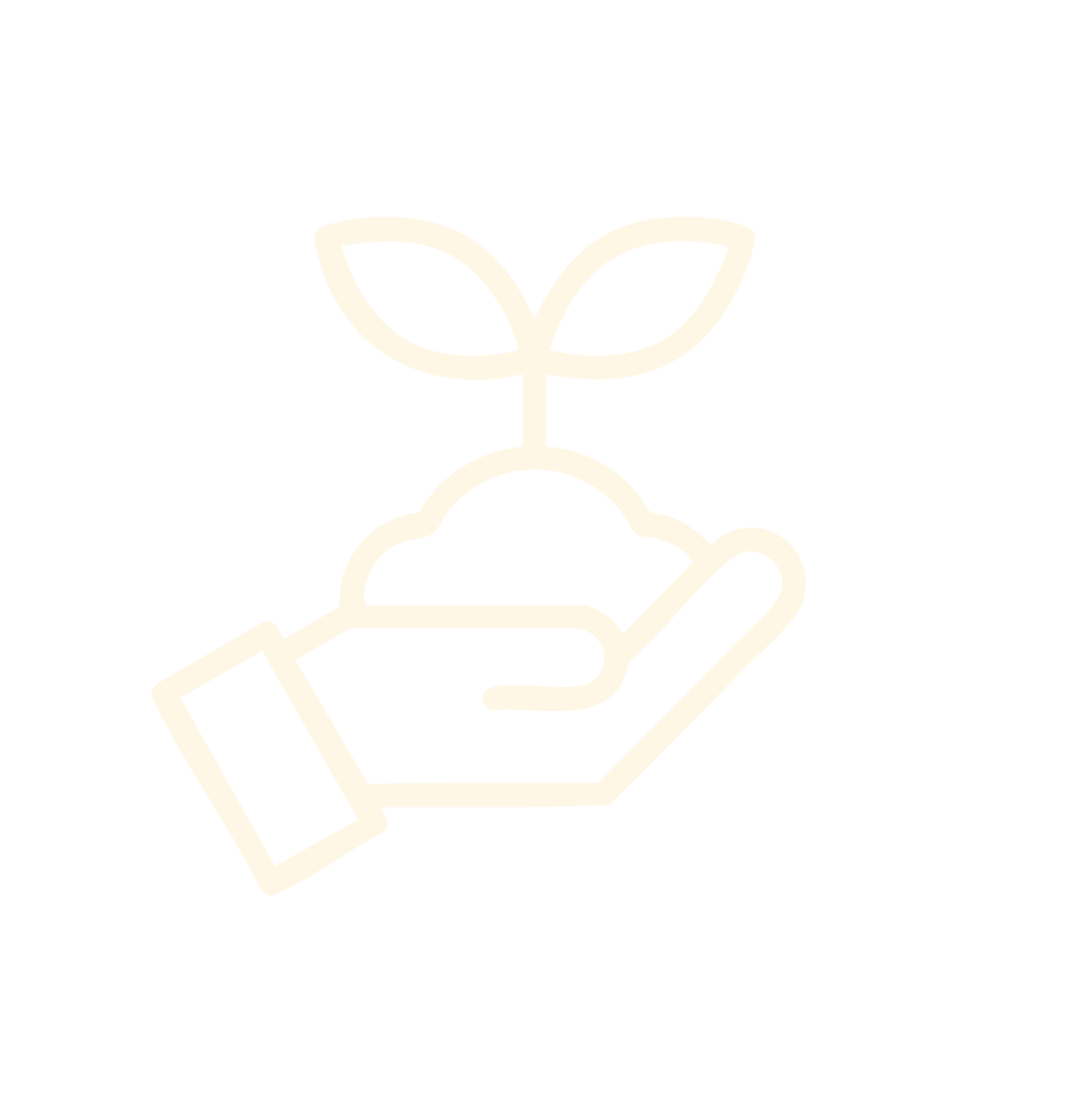A simple line drawing of a hand holding soil with a sprouting plant.