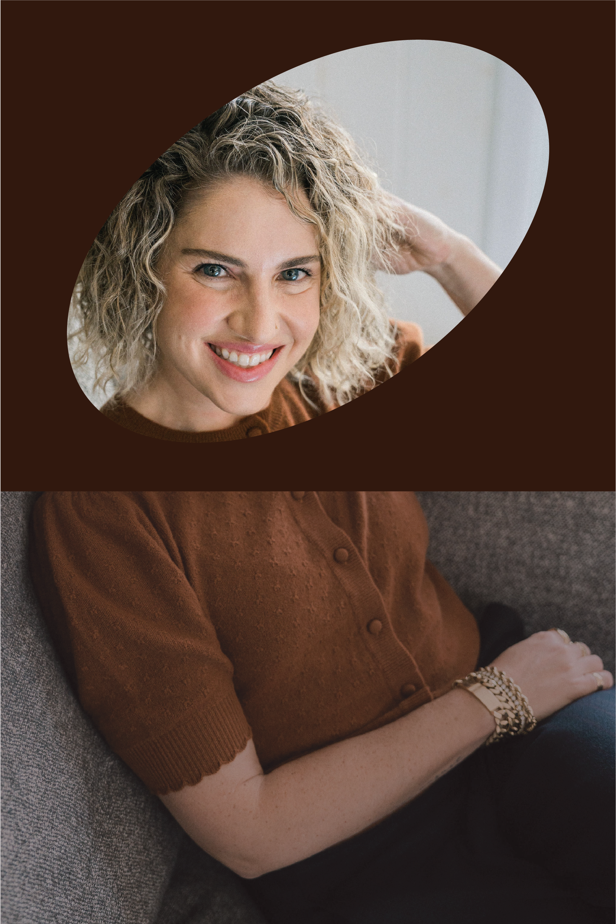 A woman with curly blonde hair smiling and looking at the camera, wearing a brown button-up sweater, gold jewelry, sitting on a gray couch with her right arm resting behind her head.