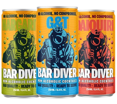 Three Cans of Bar Diver Non-Alcoholic Cocktails