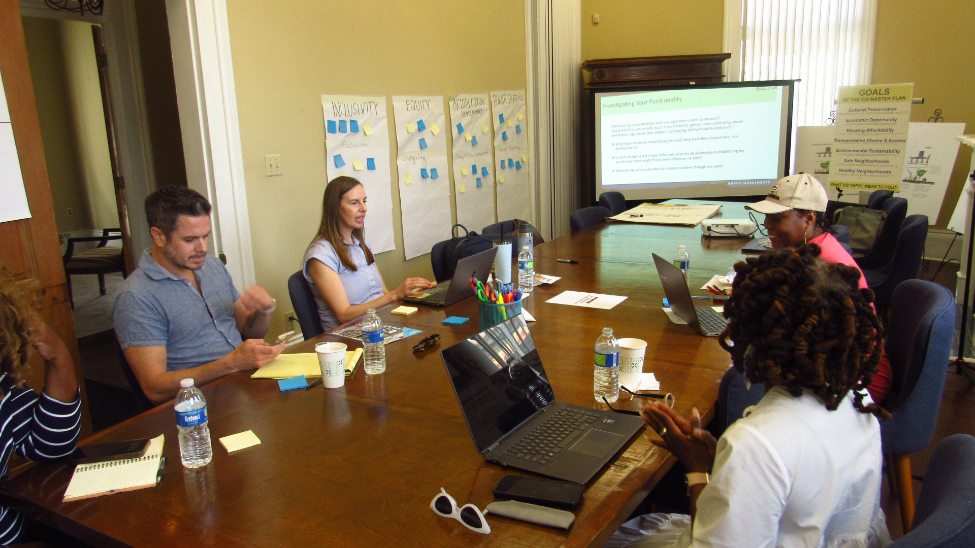 People sitting around a conference table during a meeting, with laptops, water bottles, and notes, in a room with posters and a presentation screen displaying a slide titled 'Investigating Your Positionality'.
