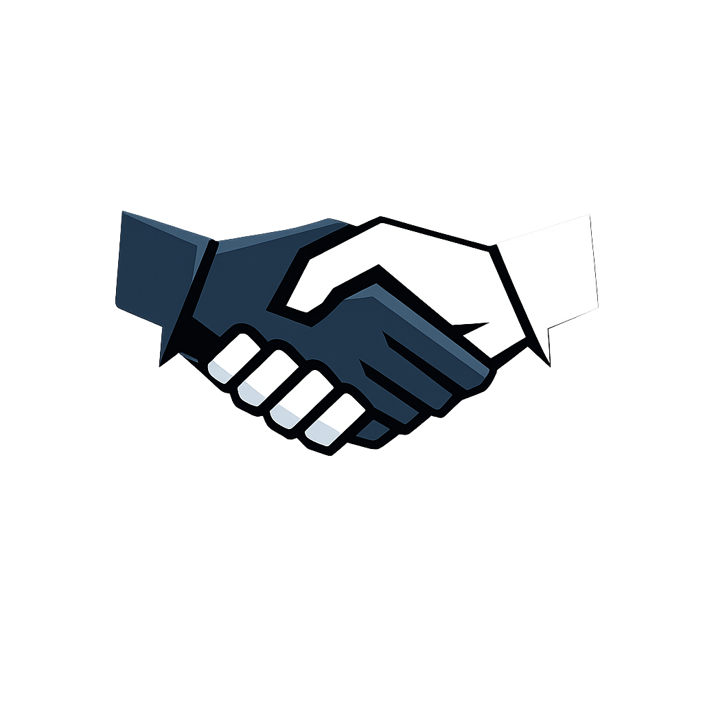 Illustration of a handshake between two hands, one dark and one light, symbolizing collaboration or agreement.
