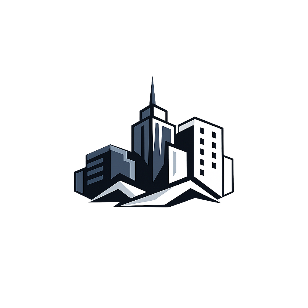 Illustration of a modern city skyline with tall skyscrapers and a prominent building with a spire, in a stylized, graphic design style.