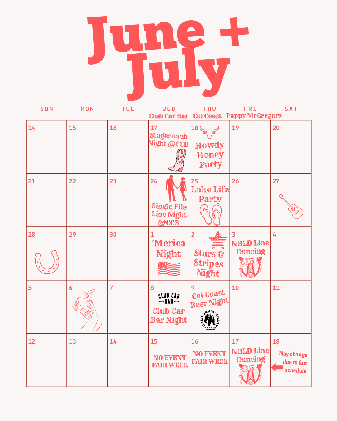 June and July event calendar with dates and event descriptions, including theme parties, nights at clubs, and holiday celebrations, with icons like a cowboy boot, guitar, horseshoe, and American flag.