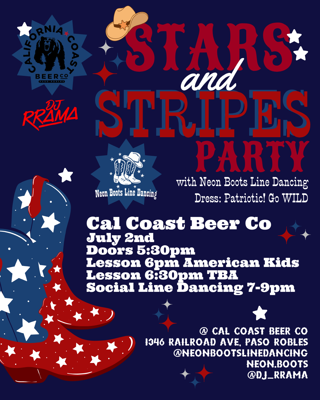 Event poster for a country-themed party titled 'Stars and Stripes Party' featuring neon boots line dancing and cowboy dress code, scheduled at Cal Coast Beer Co on July 2nd with specific event times and social media handles.