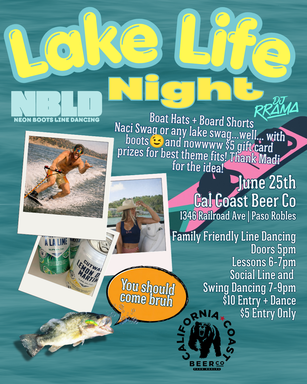 Event flyer for a lake night party with photos of people boating and relaxing, drinks, a bass fish with a speech bubble, and a logo for California Coast Beer Co.