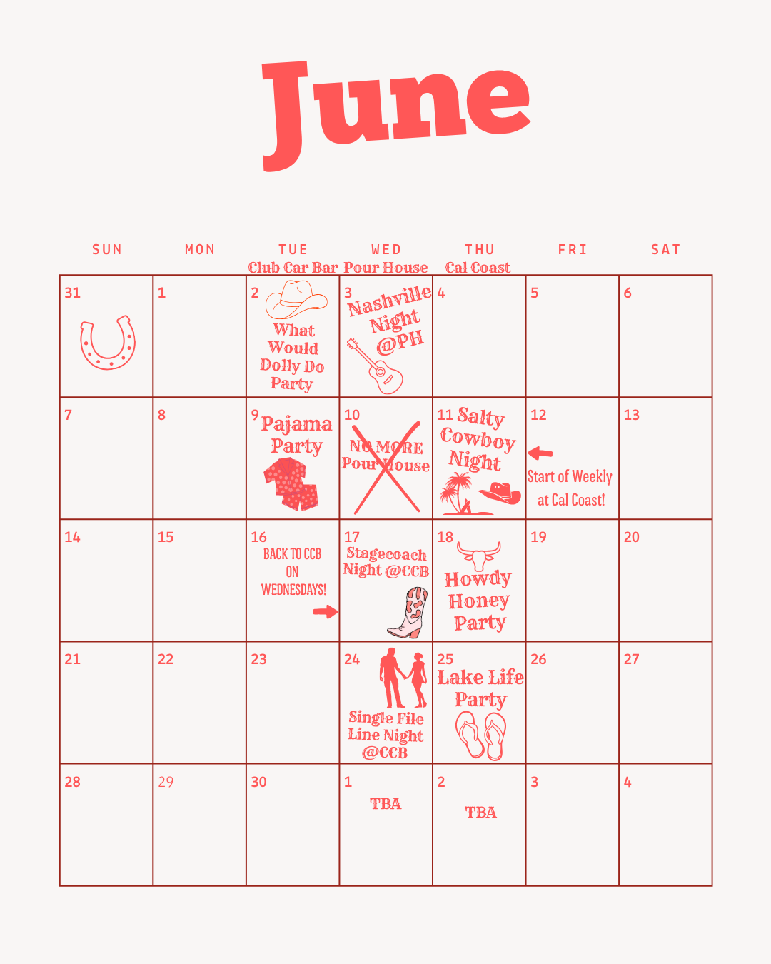 June calendar with red text and illustrations of a horseshoe, cowboy hat, guitar, cowboy boots, palm trees, cowboy hat, fish, flip flops, and couples, listing various social events and parties.