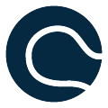 A dark blue circular logo with a stylized white wave or swoosh in the center.
