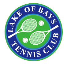 Logo of Lake of Bays Tennis Club with a green tennis ball and racket inside a blue circle.