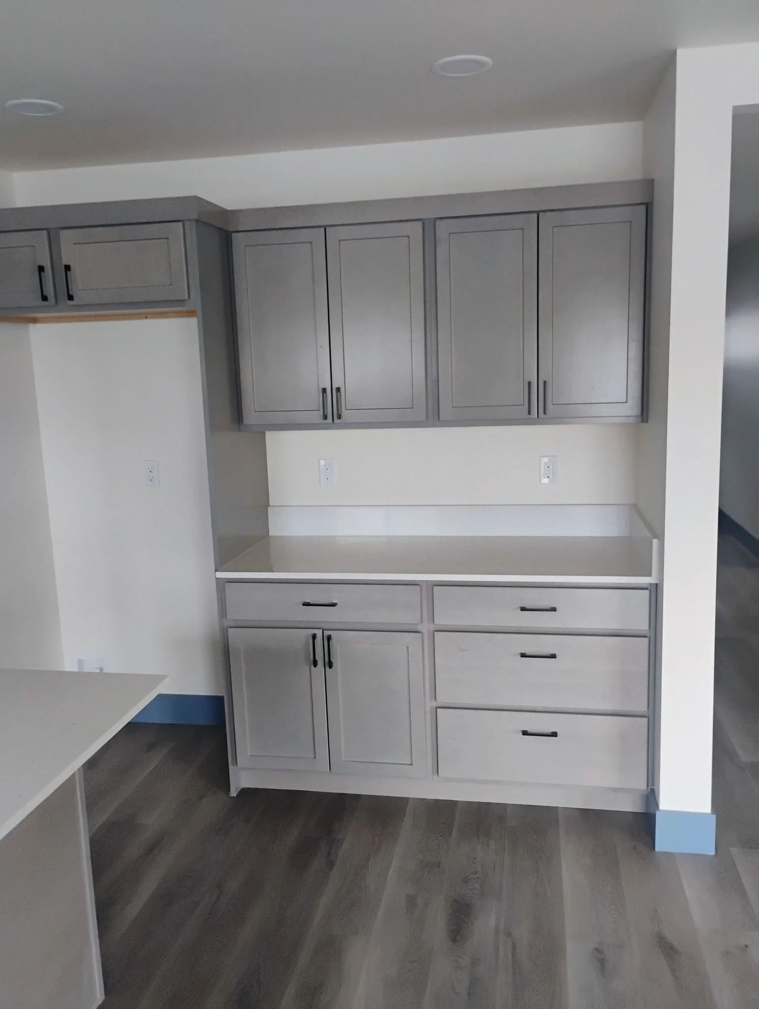 Gray kitchen cabinets mounted on a wall with a countertop below, part of a white kitchen with dark wooden flooring.