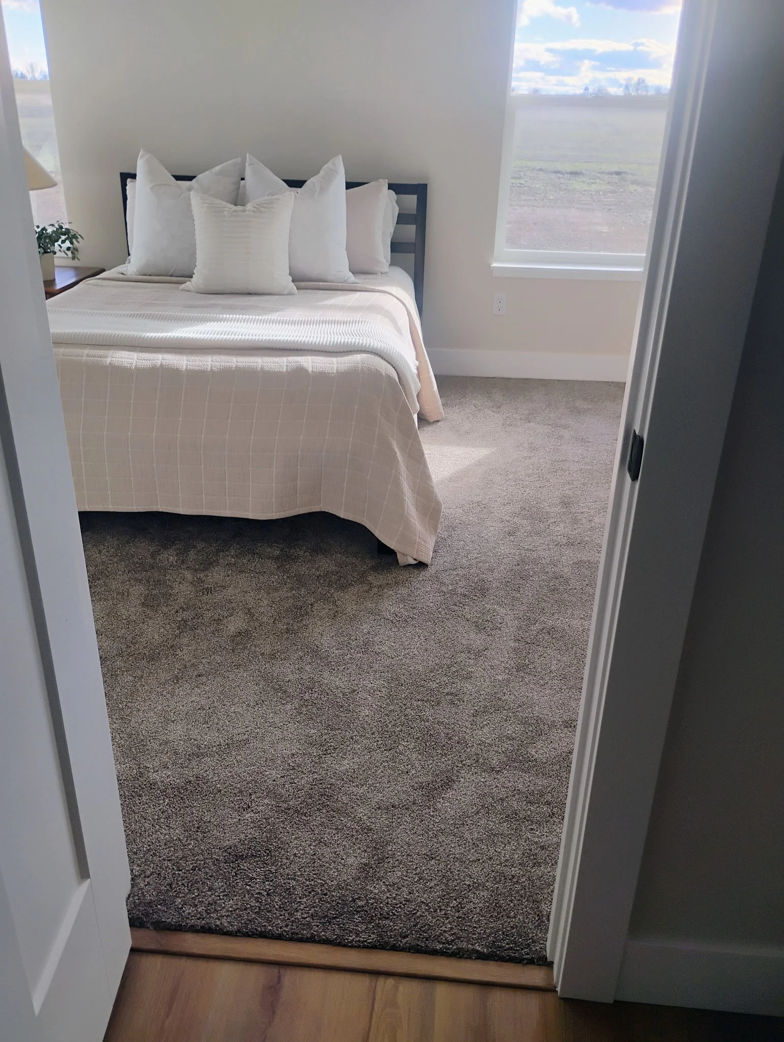 View of a bedroom with a bed, pillows, nightstand with a plant, window showing an outdoor landscape, and carpeted floor.