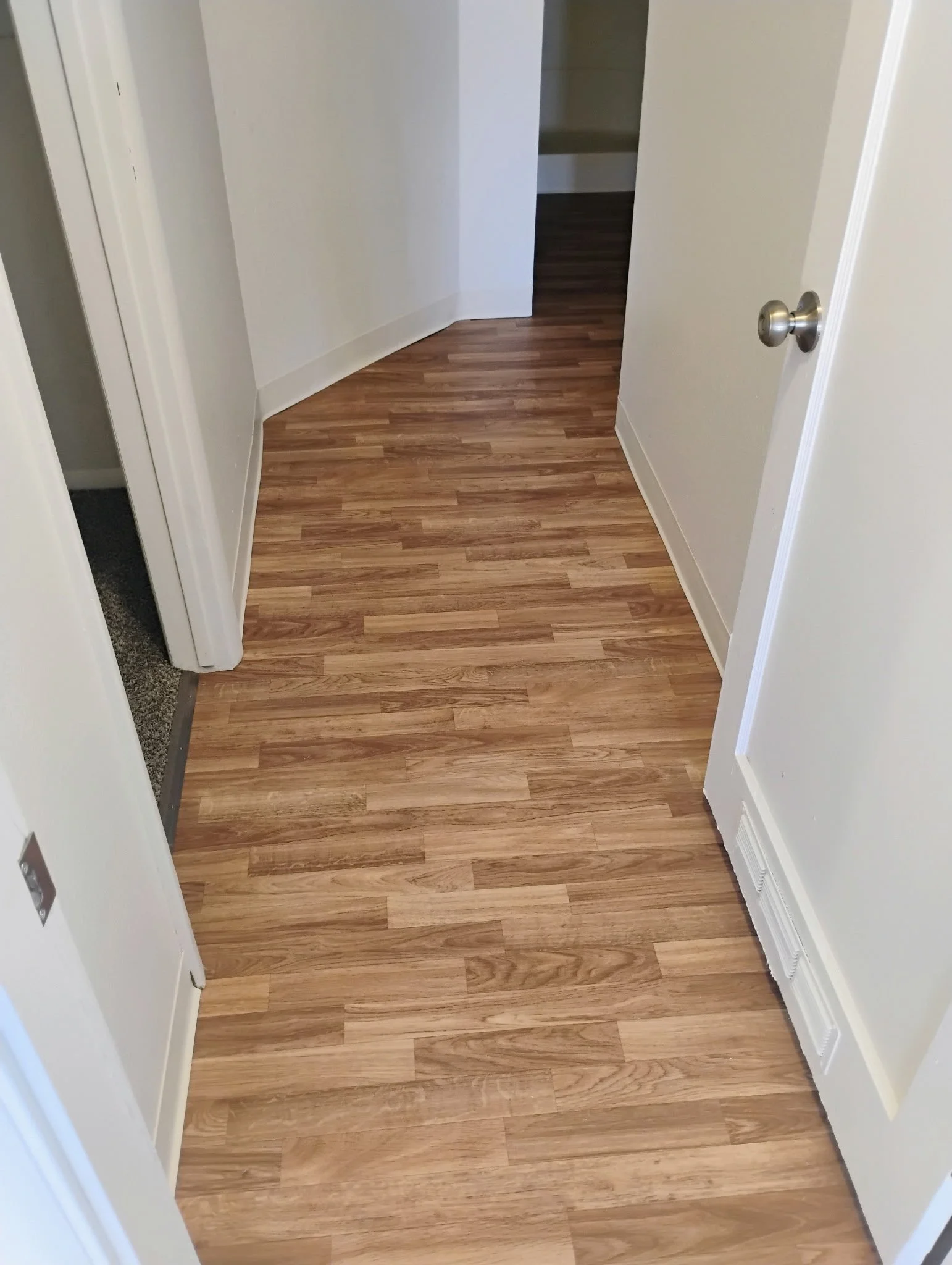 View of a small hallway with wood flooring, white walls, a white door on the right, and a small open closet or storage space at the end.