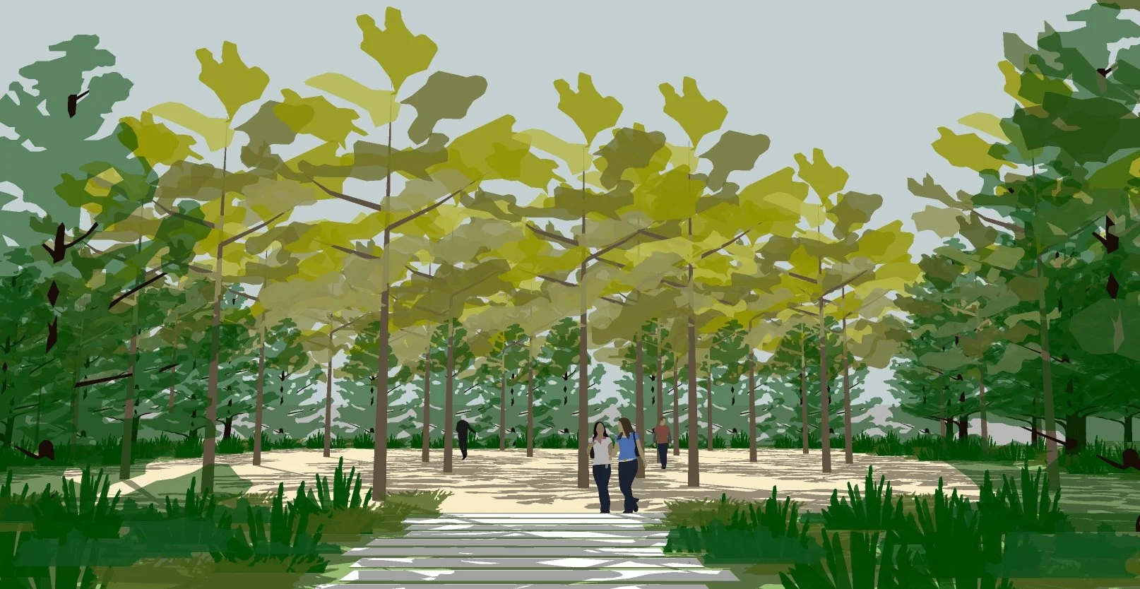 Illustration of a park with tall trees, green bushes, and people walking on a path.