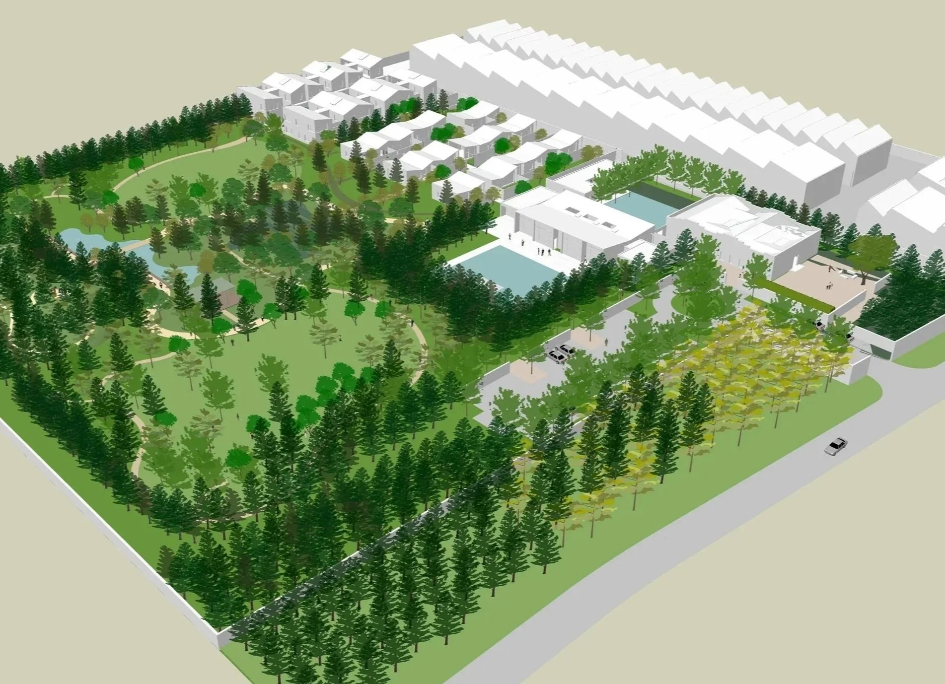 Aerial model view of private retreat and park, China