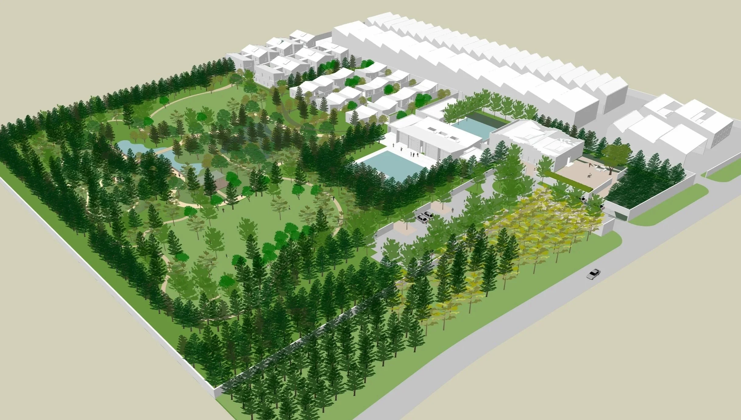 Aerial model view of private retreat and park, China
