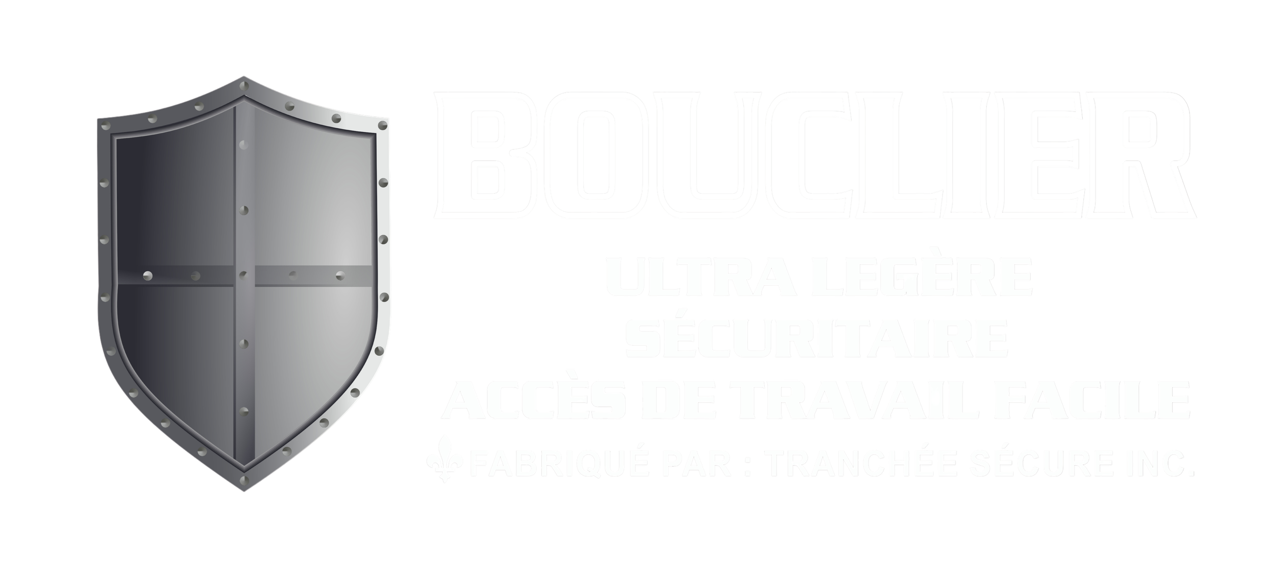 Logo d'une entreprise de serrurerie avec un bouclier en métal gris et le nom 'BOUCLIER' en lettres capitales, accompagné de descriptions de sécurité, légèreté et facilité d'accès.