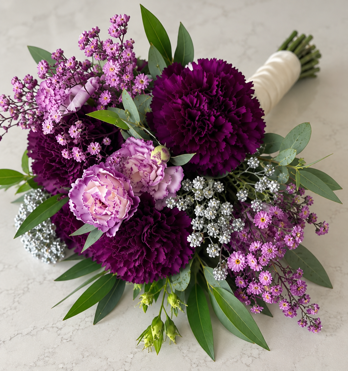 Purple and white petite Homecoming bouquet with silver accents by Flowers on First
