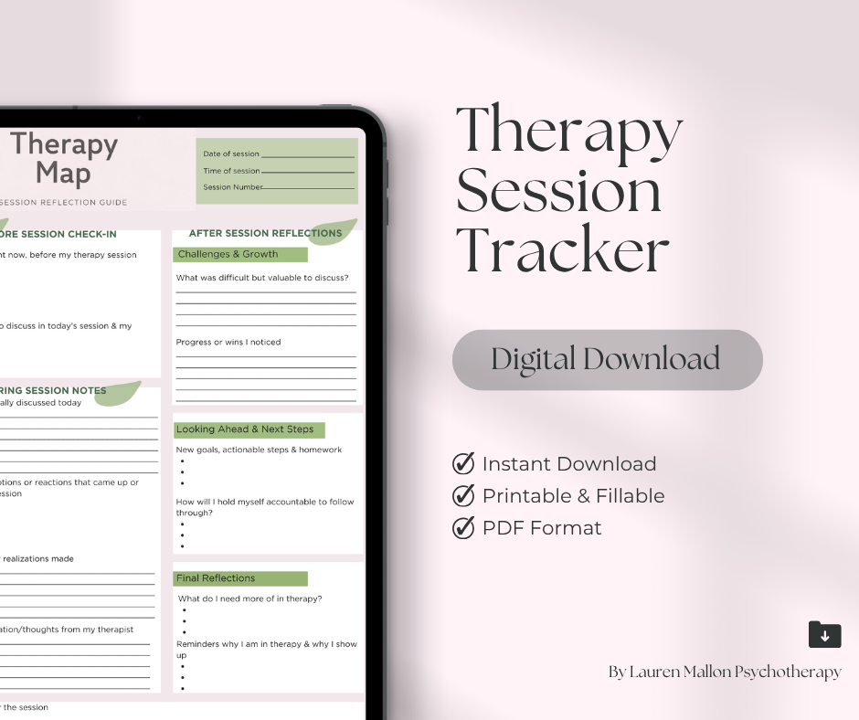 Digital download of therapy session tracker with sections for session date, time, number, and reflection notes, labeled "Therapy Session Tracker" on a pink background.