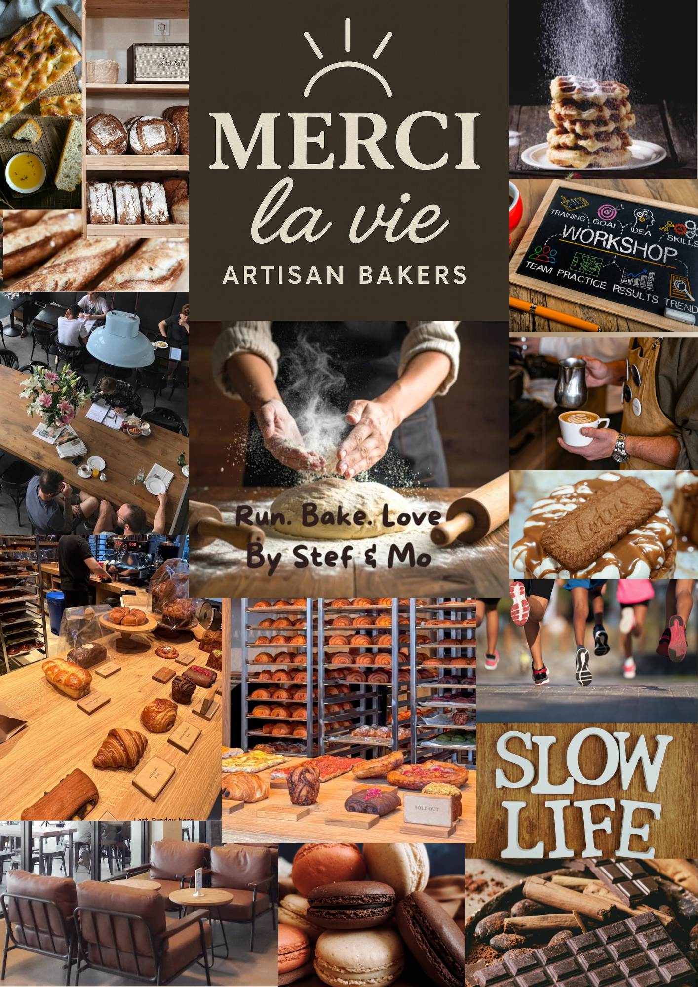 Collage of bakery and coffee shop scenes, including baked goods, pastries, macarons, a barista preparing coffee, people at a workshop table, bakers working, racks of bread, running shoes, chocolate, and the text "MERCI la vie ARTISAN BAKERS" and "SLOW LIFE".