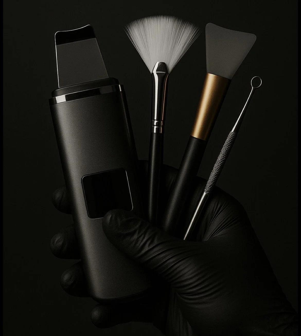 A hand wearing a black glove holds a black electric shaver, a face brush, two makeup brushes, and a black and gold cosmetic spatula against a dark background.