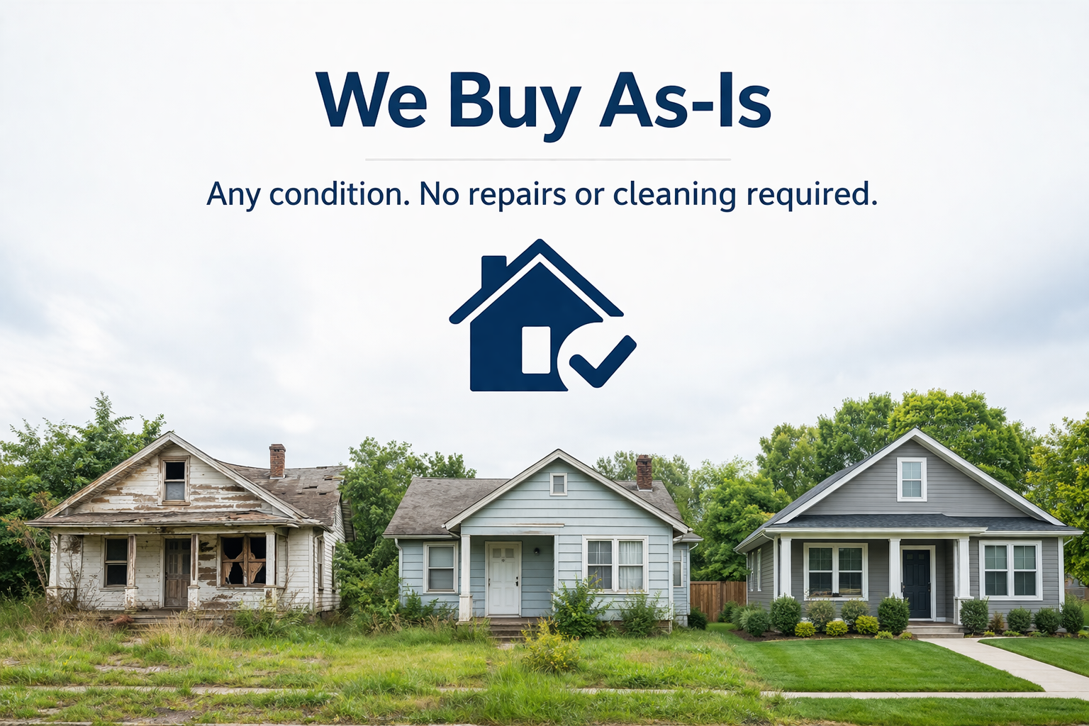 Three houses, one old and dilapidated, two new and well-maintained, with a sign indicating purchase of all conditions.