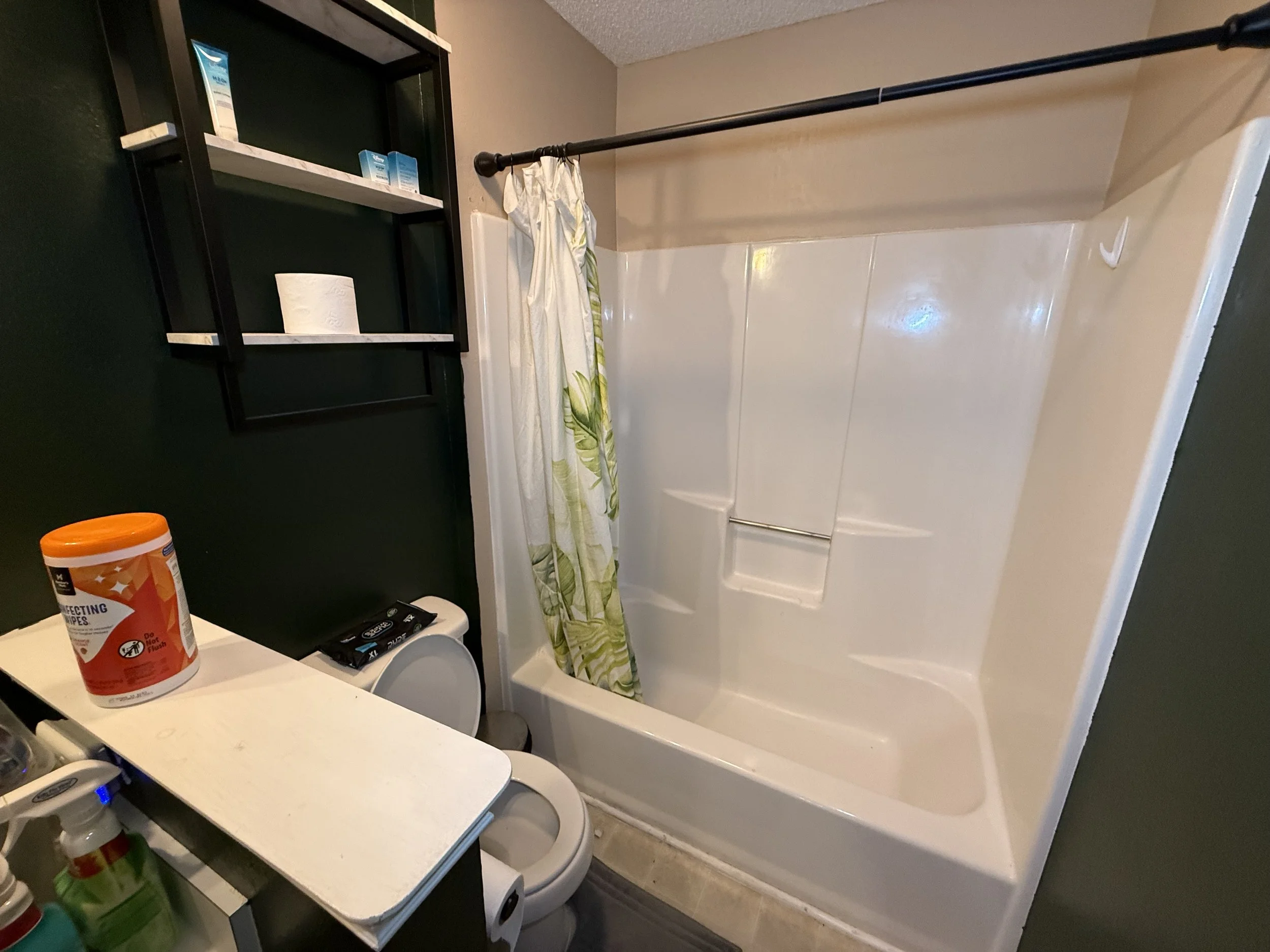 Small bathroom with a bathtub and shower area, green wall, black shelving, cleaning supplies, and a toilet with a cover down.