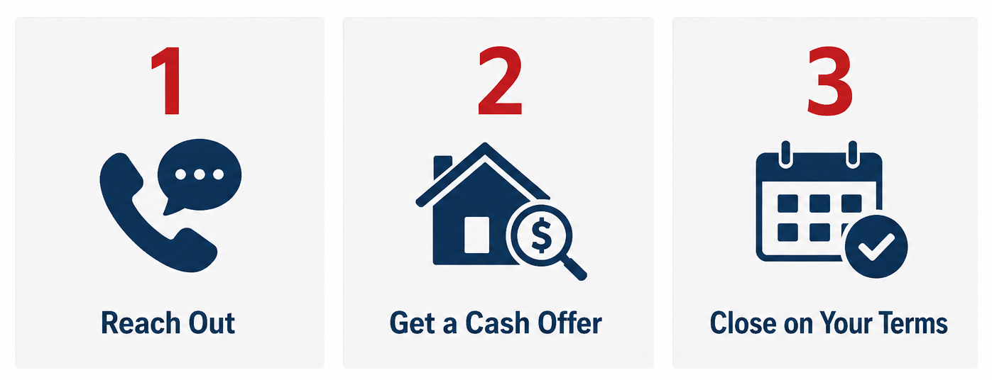 Three-step process infographic with numbered steps and icons. Step 1 shows a phone with a speech bubble, labeled "Reach Out." Step 2 shows a house with a magnifying glass and dollar sign, labeled "Get a Cash Offer." Step 3 shows a calendar with a checkmark, labeled "Close on Your Terms."