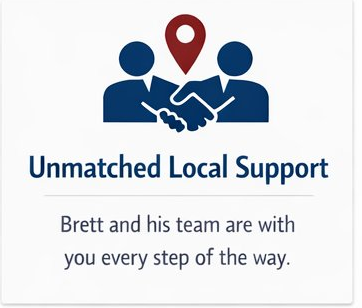 Icon of two people shaking hands with a location pin above them. Text reads 'Unmatched Local Support' and 'Brett and his team are with you every step of the way.'