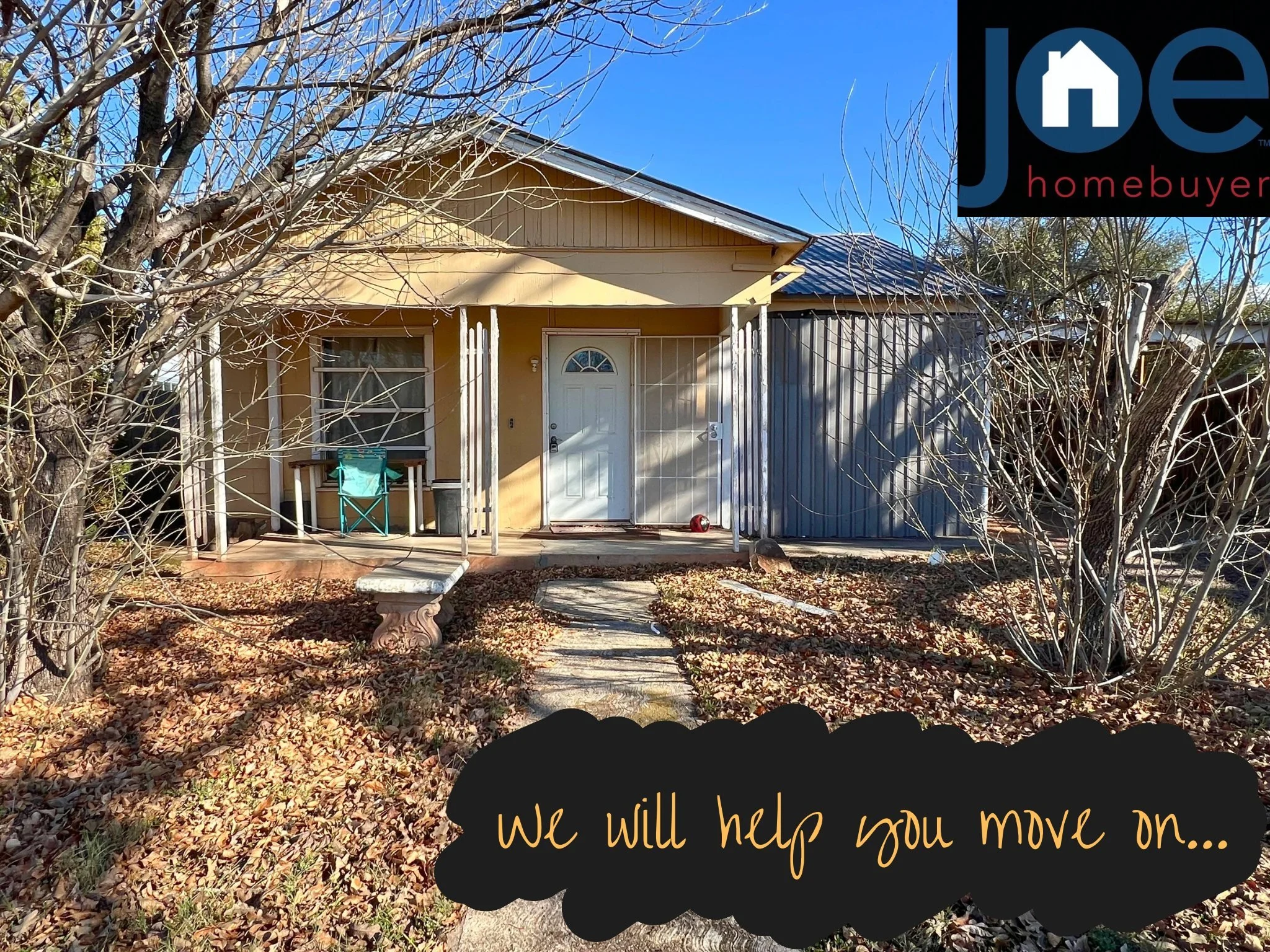 A house with its front porch, surrounded by trees and fallen leaves on the ground, with a blue sky overhead. The house has a white door and a small window, and a sign in the foreground reads, "We will help you move on..." along with the logo of 'Jade homebuyers' in the top right corner.