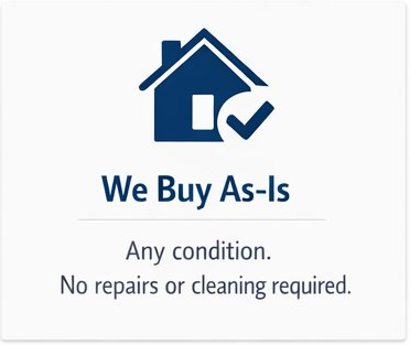Home icon with a checkmark, and text reading 'We Buy As-Is', 'Any condition. No repairs or cleaning required.'