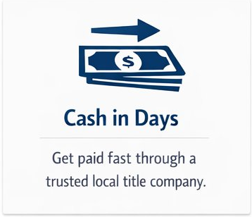 Icon of cash and an arrow with the text 'Cash in Days' and a message about getting paid fast through a trusted local title company.