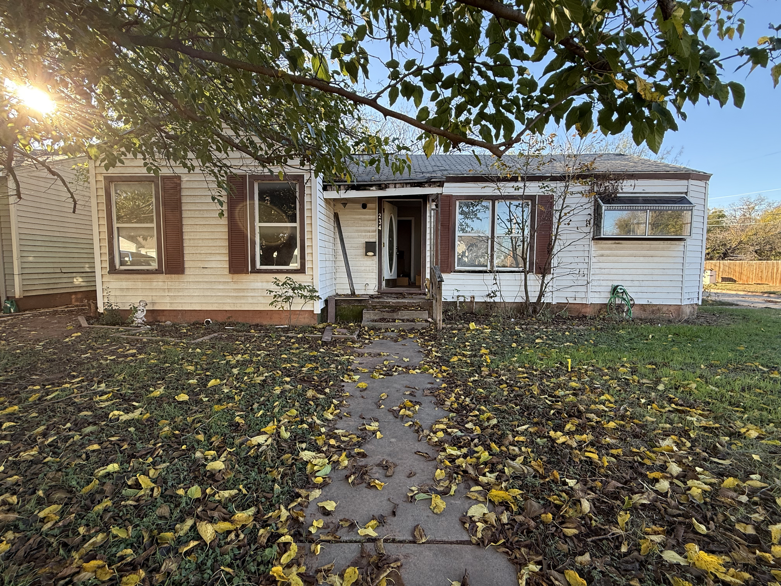 The front of a small white house with brown shutters, some trees, and a sidewalk covered with fallen yellow leaves. The sun is shining through the foliage.
