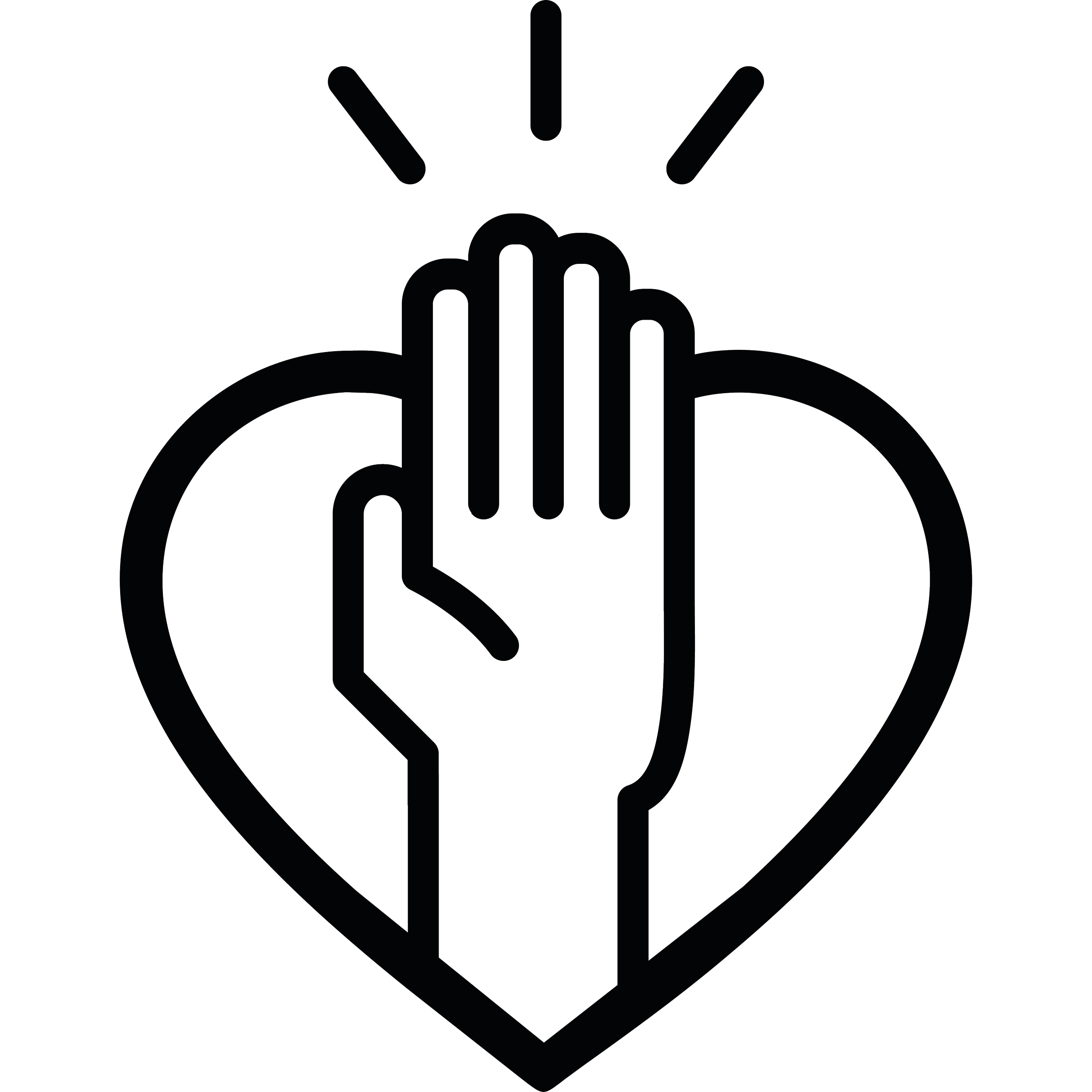 Outline of a hand with a heart background, with lines emitting from the top, symbolizing help or care.