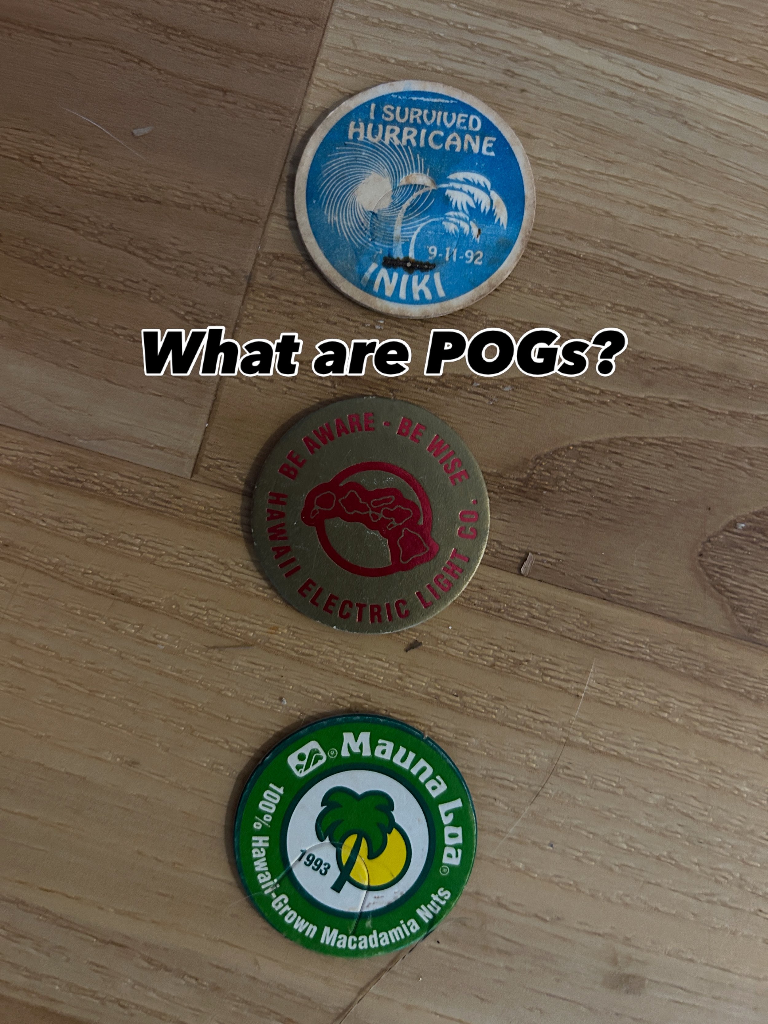 Check out my friends POG collection from the early 90&rsquo;s!  These are the real deal&mdash;original POG juice bottle caps, not the mass-produced game pieces that came later. You can still see the rust mark where the staple pull-tab was attached to