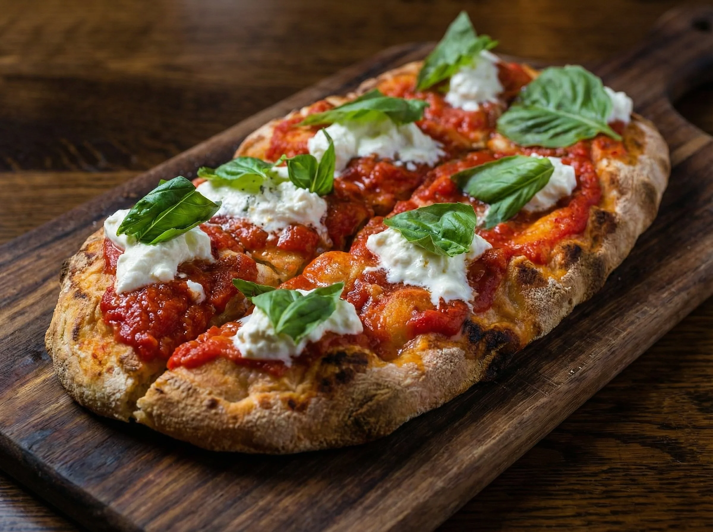Focaccia bread topped with tomato sauce, mozzarella cheese, and basil leaves, served on a wooden board.