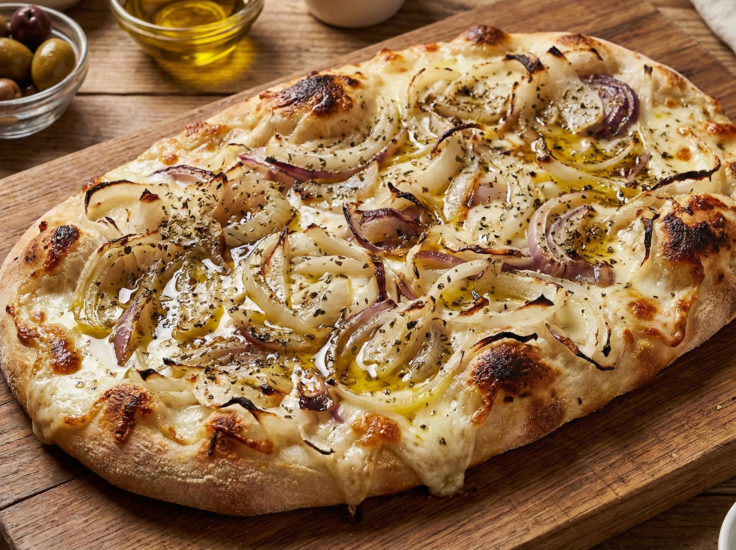 A rectangular pizza topped with caramelized onions, herbs, and melted cheese on a wooden board.