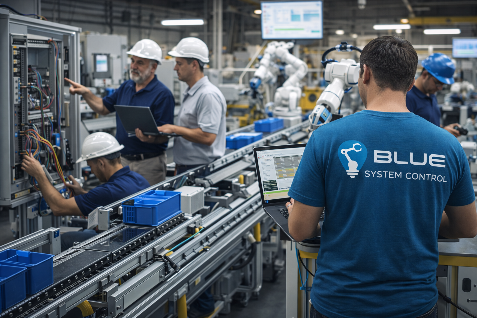 Workers in a factory, some wearing white hard hats, are working with robotic arms and electronic equipment on assembly lines. A person in the foreground wears a blue shirt with 'BLUE SYSTEM CONTROL' and is using a laptop, overseeing the automation process.
