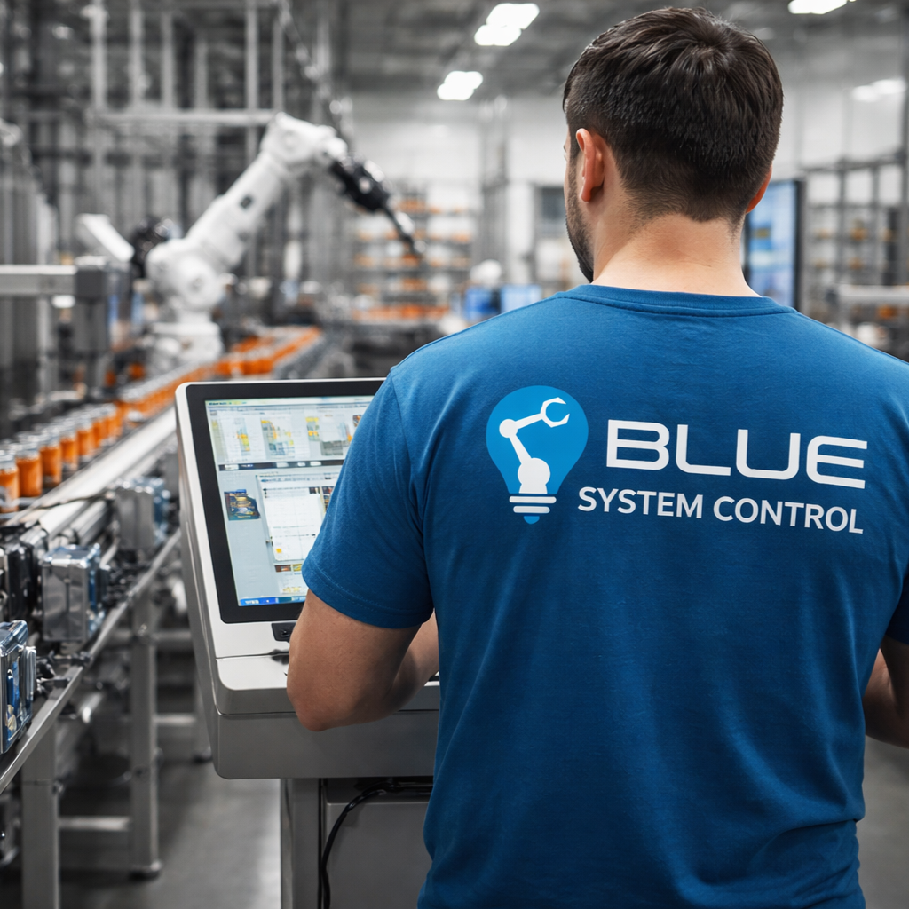 Blue System Control staffer working on assembly line software integration