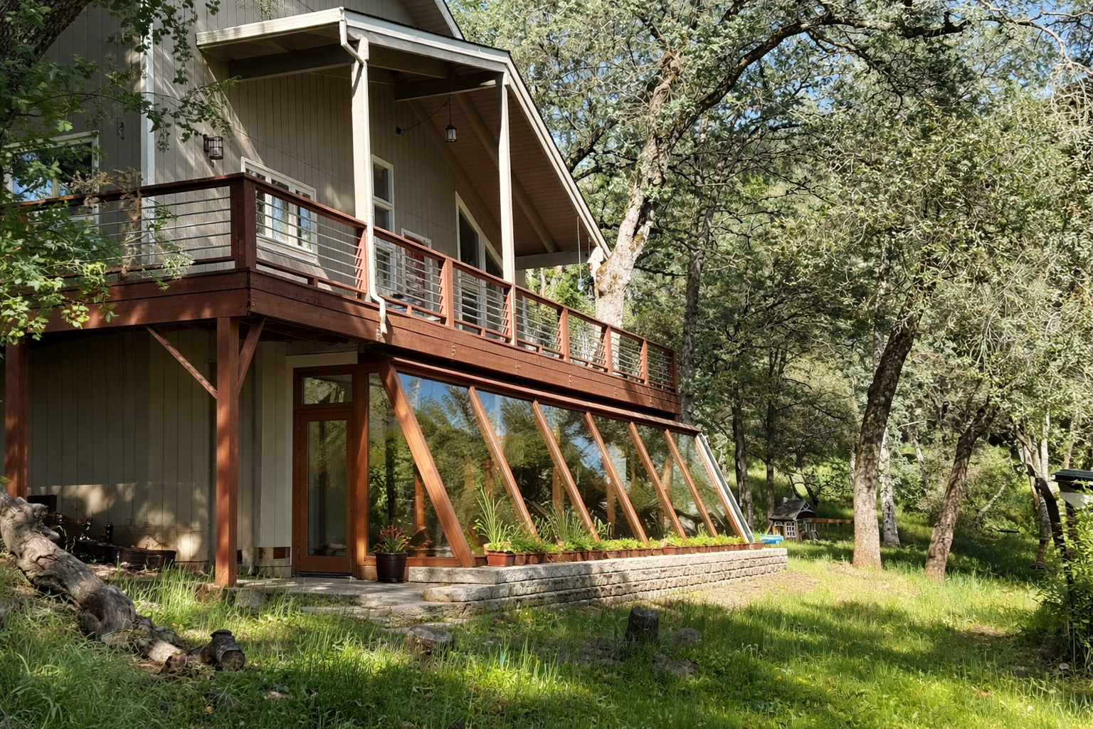 High-efficiency greenhouse utilizing photovoltaic (PV) solar panels for climate control in northern California homestead.