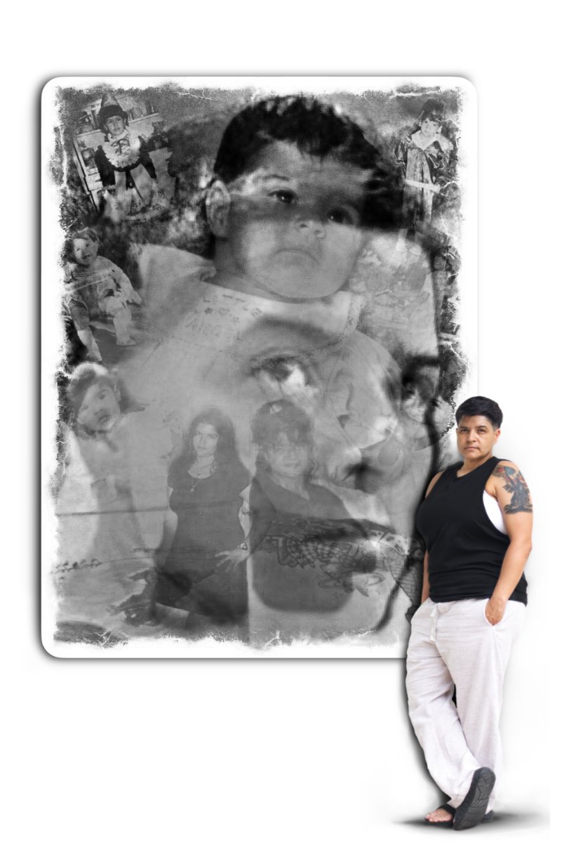 A woman standing with her arms in her pockets, wearing a black tank top and white pants, is posing in front of a large, semi-transparent collage of black-and-white childhood and teenage photos of children, with a young boy's face superimposed in the center.