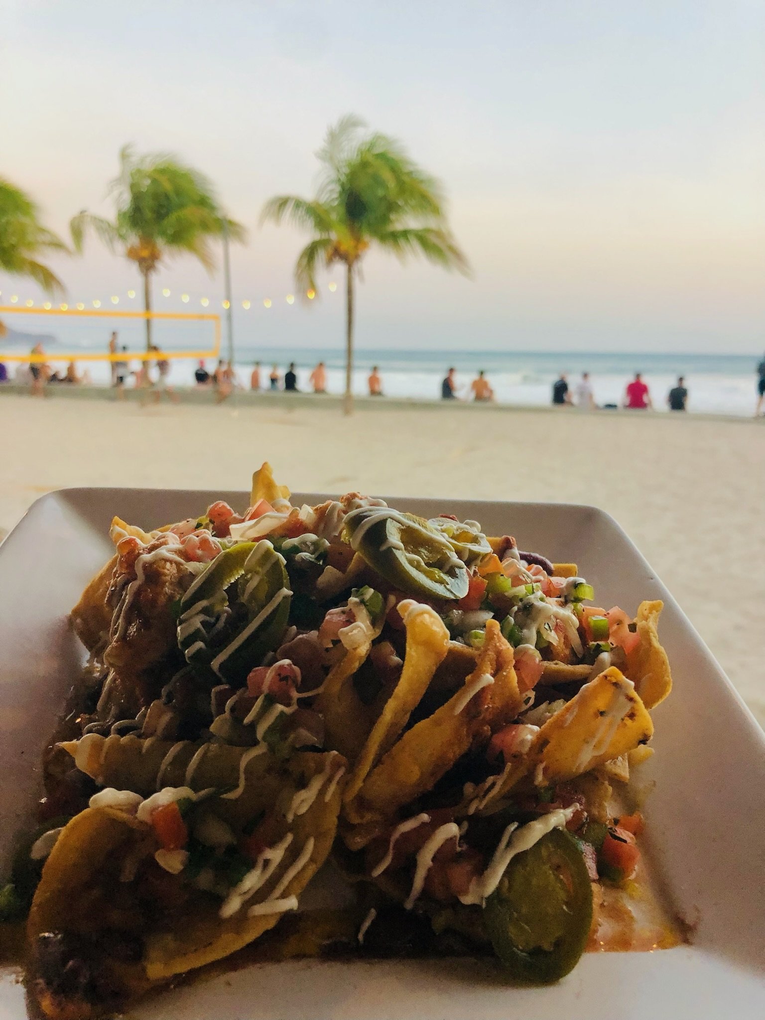 Tacos with toppings on a white plate, beach with palm trees, people, and ocean in the background during sunset.