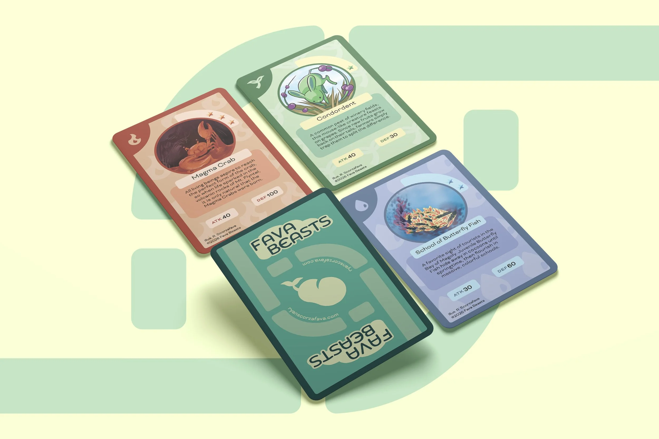 Four trading cards of various colors on a yellow background with a geometric shape.