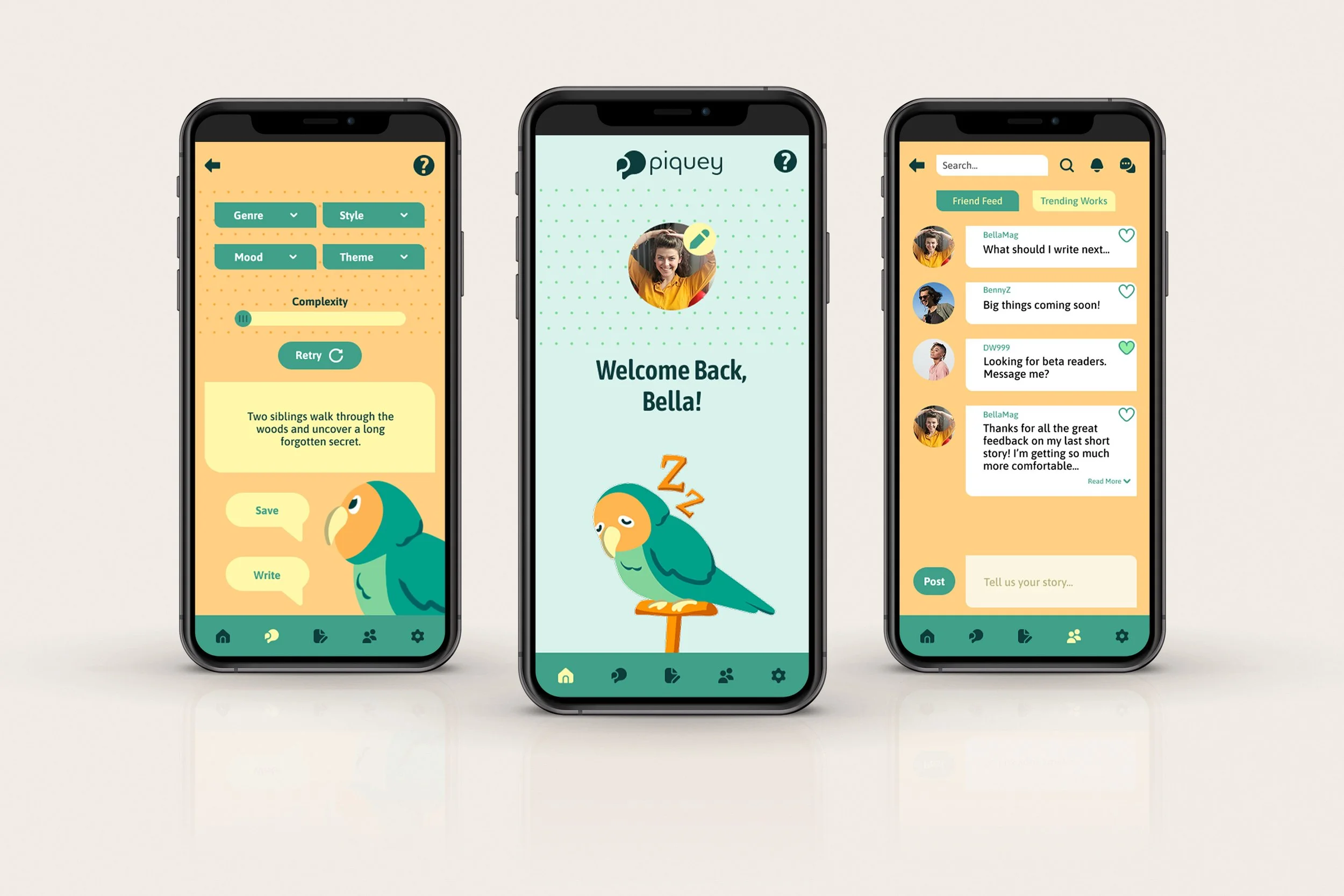 Three phones with an orange and green app loaded.
